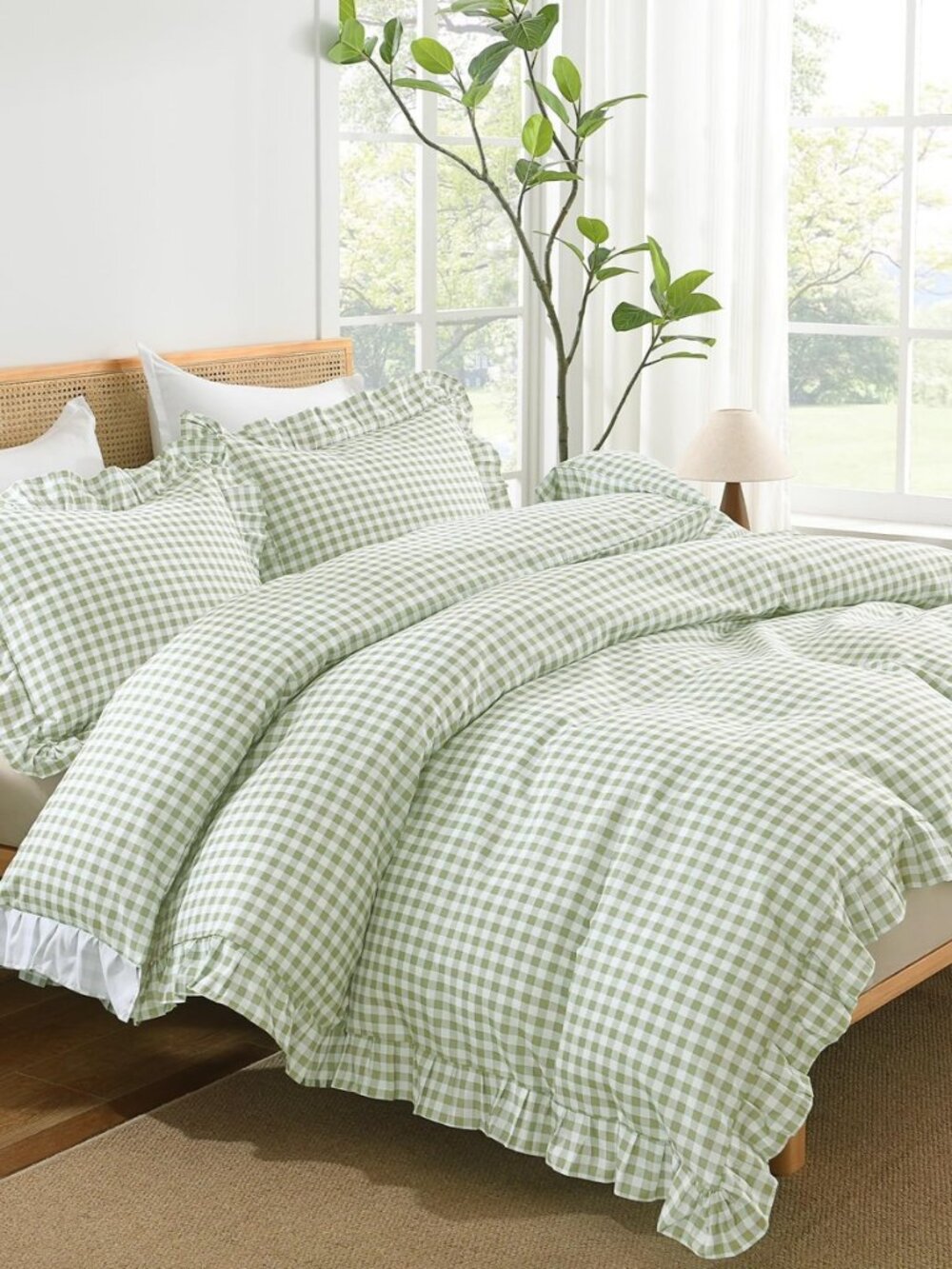 Sage Gingham Duvet Cover Queen, Ruffle Shabby Bedding Set 3 Pcs
